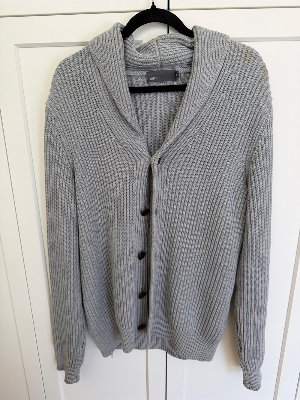 Vince Light Gray Ribbed Shawl-Collar Cardigan